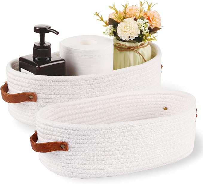 2 Pack Woven Storage Basket for Toilet Tank Top,Farmhouse Home Decor Organizing Baskets for Bathroom,Table and Counter 13"x5.9"x4" White by Oradrem