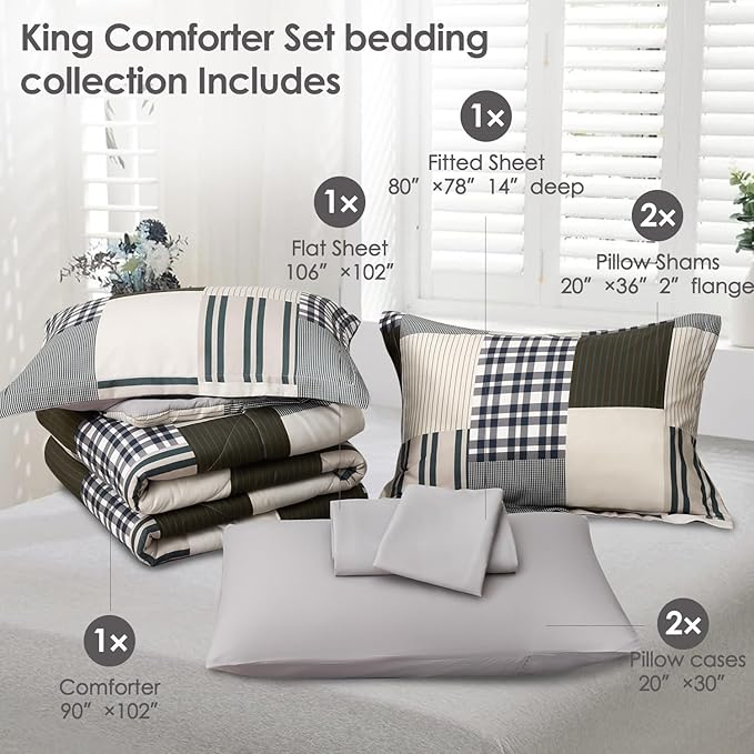 Comforter Set King Size Plaid Patchwork Comforter Bedding-7 Piece Bed in a Bag,Soft Fluffy Reversible Microfiber Bedding Set(1 Comforter,1 Flat Sheet,1 Fitted Sheet,2 Pillowcases,2 Pillow Shams)