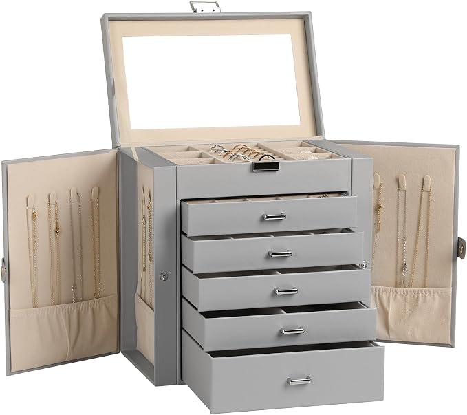 Frebeauty Large Jewelry Box,6-Tier PU Leather Jewelry Organizer,Multi-functional Storage Case with Mirror,Accessories Holder with 5 Drawers for Necklace Bracelets Watches(Grey) by Frebeauty