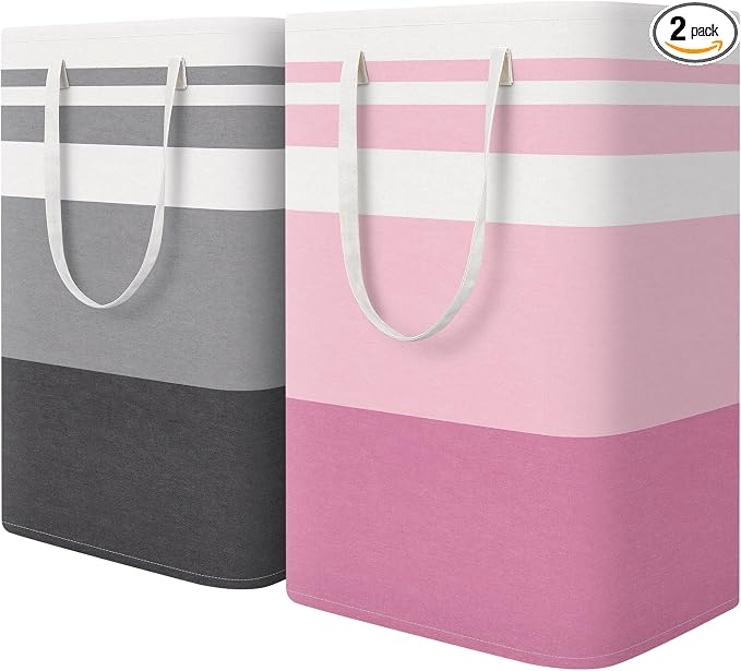 HomeHacks 2 Pack Large Laundry Baskets, Waterproof, Freestanding Laundry Hampers, Collapsible Clothes Hamper with Reinforced Handles in Laundry, College Dorm, Bathroom, Bedroom (Grey+Pink, 75Lx2) by HomeHacks