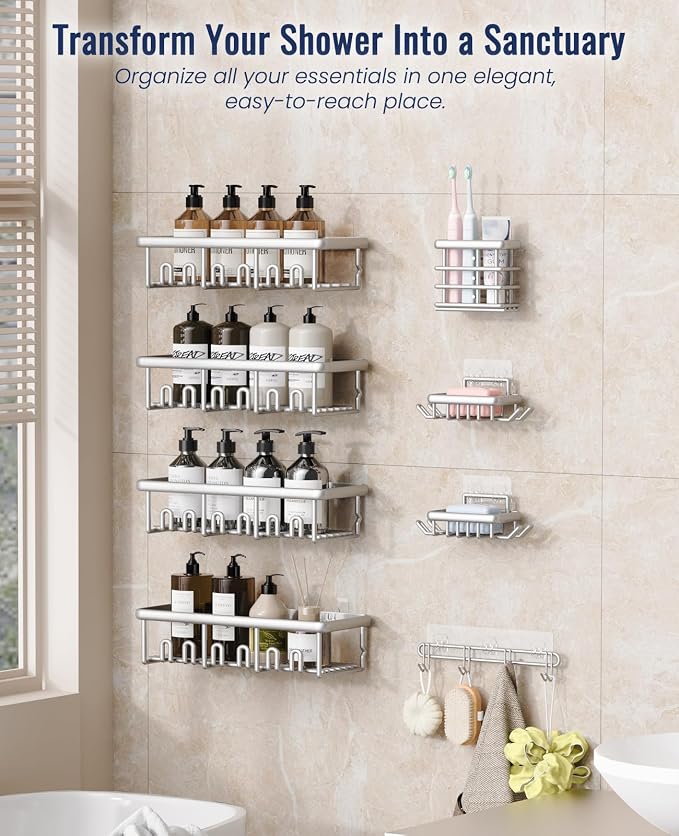 8 Pack Adhesive Rustproof Shower Shelves with Soap Dishes, Toothbrush Holder & Hooks, Large Capacity No-Drilling Shower Shelves Rack for Bathroom Organizers and Storage Accessories, Silver - Image 3