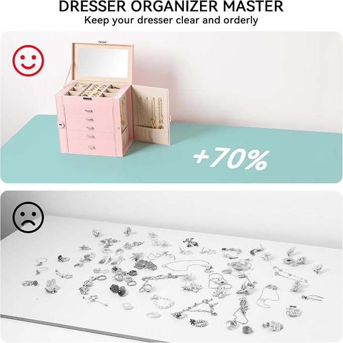 Frebeauty Large Jewelry Box,6-Tier PU Leather Jewelry Organizer,Multi-functional Storage Case with Mirror,Accessories Holder with 5 Drawers for Necklace Bracelets Watches(Pink) - Image 6
