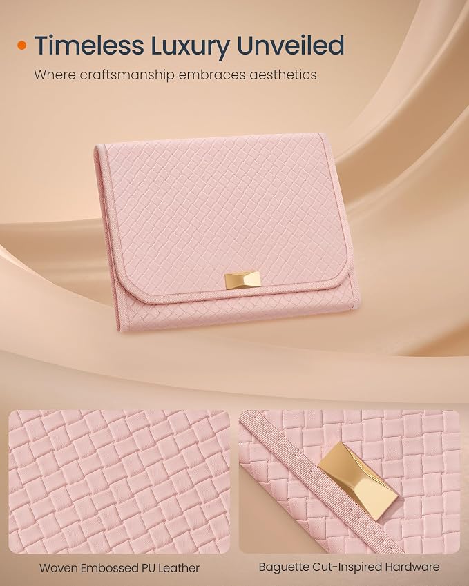 SONGMICS HOME Travel Jewelry Case, Foldable Jewelry Organizer with Mirror, Sectioned Storage, Large Capacity, Woven Embossed PU Leather, Gift Idea, Jelly Pink UJBC196R01 - Image 3