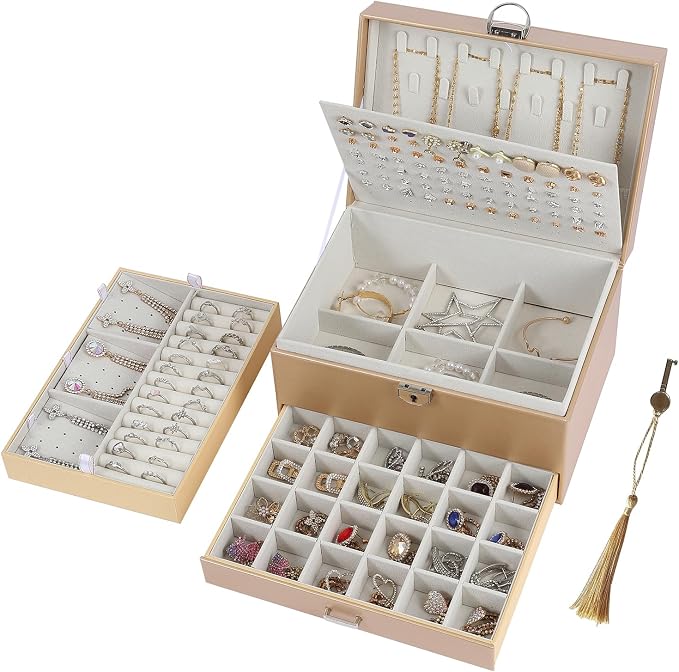 BOOVO Earring Jewelry Box For Women Girl Stud Organizer, 5 Layers Girl Jewelry Organizer Box With Lock Earring Holder Organizer Necklace Ring Jewelry Organizer Box For Girls (Champagne) by BOOVO