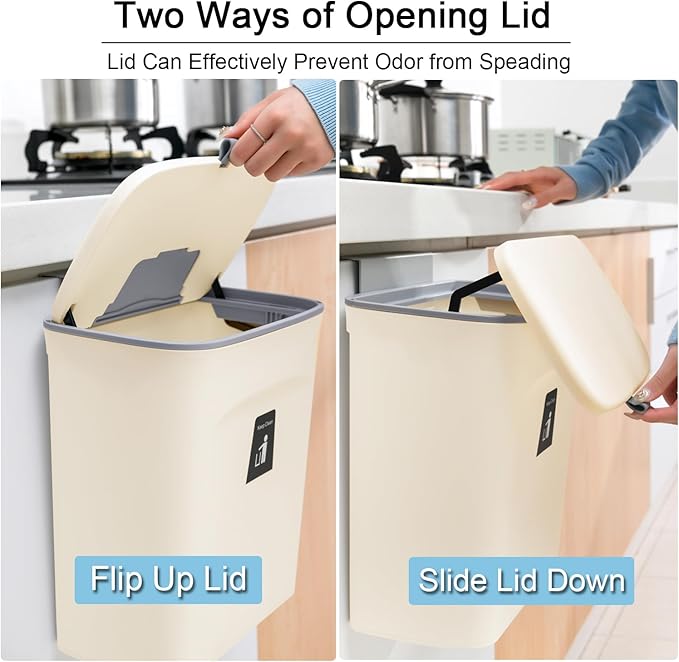 Tiyafuro 2.4 Gallon Kitchen Compost Bin for Counter Top or Under Sink, Hanging Small Trash Can with Lid for Cupboard/Bathroom/Bedroom/Office/Camping, Mountable Indoor Compost Bucket, Beige - Image 3