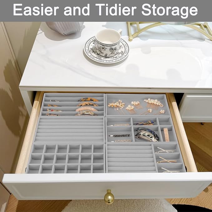 12Pcs Velvet Stackable Jewelry Trays, Jewelry Drawer Organizer, Large Removable Display Jewelry Tray, Necklace Bracelet Storage Box for Earring, Ring, Brooch, Watch (Grey) - Image 8