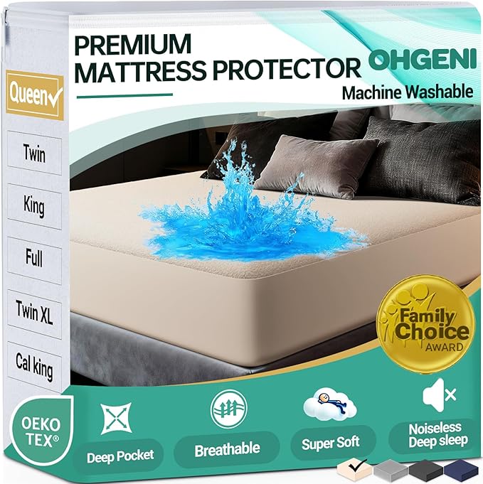 OhGeni 100% Waterproof Mattress Protector, Queen Beige Size, Fitted Sheet with Deep Pockets, 6''-18'', Premium Noiseless Breathable Soft Material, Mattresses Cover for Bed