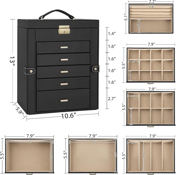 AKOZLIN Large 6-Tier Jewelry Box Lockable Leather Jewelry Storage Case with 5 Drawers for Women Girls Ring Necklace Earring Bracelet Holder Organizer with Mirror - Image 2