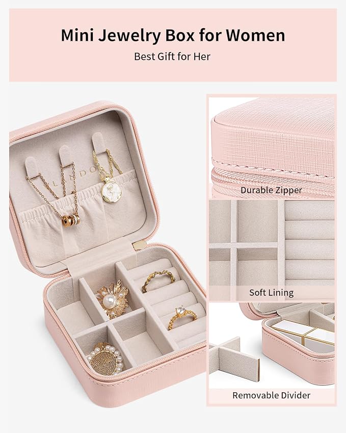 VLANDO Travel Jewelry Case - Teacher Appreciation Gifts for Women - Small Jewelry Travel Organizer Box Travel Essentials Gift for Teen Girl Women - Pink - Image 4