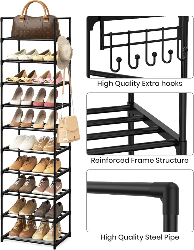 Narrow Shoe Rack 10 Tiers Tall Shoe Rack for Entryway Closet 20 24 Pairs Shoe & Boots Organizer Storage Shelf Durable Black Metal Stackable Shoe Cabinet with Hooks, 17.1D x 11.8W x 78.7H in - Image 6