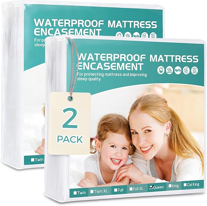 Premium Queen Waterproof Mattress Cover 2 Pack, Zippered Mattress Protector, 9 Inch Deep, 6-Sided Mattress Encasement - White