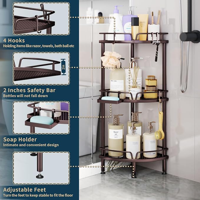 Consumest Corner Shower Caddy Stand - 3 Tier Shower Organizer with Soap Holder, Tall Floor Corner Shelves Standing with Adjustable Feet & 4 Hooks, Storage Rack for Bathroom, Bronze - Image 3