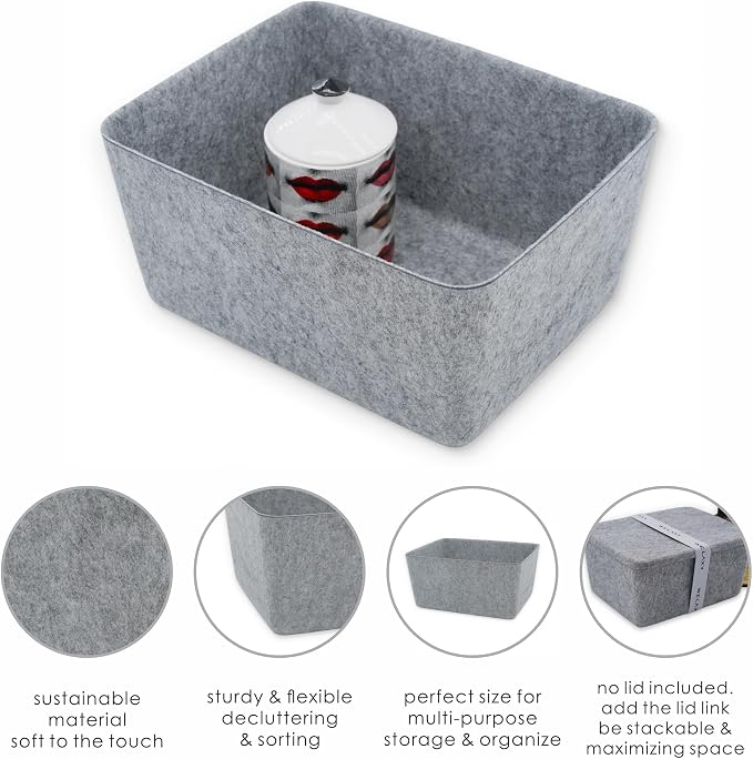 Welaxy Felt Storage Bin, Wide Deep Drawer Organizer Caddy for Makeup, Jewelry, Stationery, Closet & Bathroom, Minimalist Box (Gray Bin, M) - Image 6