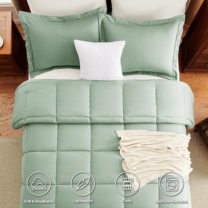 CozyLux Queen Comforter Set - Sage Green Comforter Queen Size, 3 Pieces Box Stitched Bed Set for All Seasons, Soft Lightweight Bedding Sets with 1 Down Alternative Comforter and 2 Pillow Shams