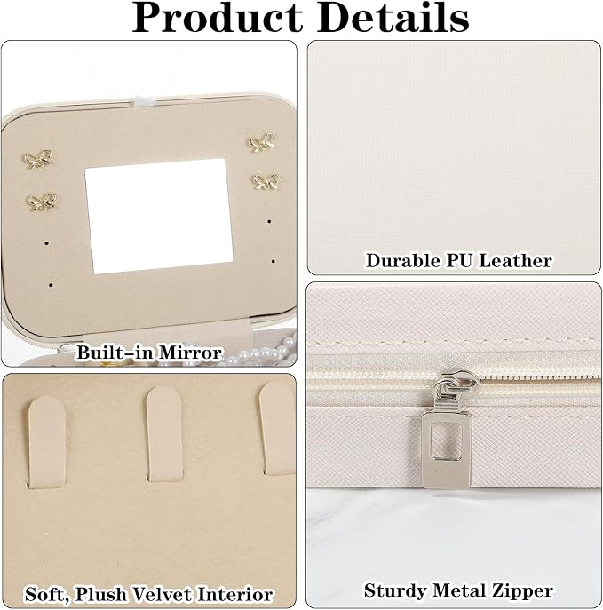 2-Pack PU Leather Travel Jewelry Organizer Cases with Mirror for Women, Portable Velvet Jewelry Box Set for Earrings, Rings, Necklace, Bracelet - Luxury Gift Set (Beige) - Image 4