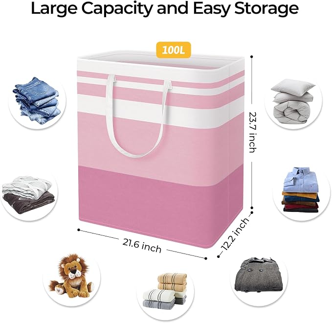HomeHacks 2 Pack Large Laundry Baskets, Waterproof, Freestanding Laundry Hampers, Collapsible Clothes Hamper with Reinforced Handles in Laundry, College Dorm, Bathroom, Bedroom (Pink, 100Lx2) - Image 4