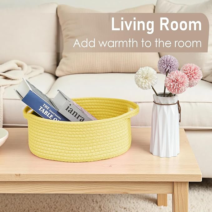 JMvicyroam Woven Basket,Small Rope Storage Bin with Handles & Ribbon Bag, Organizer for Shelves Closets,Gift Basket Empty for Birthday,Books,Dog Toys, Yellow/3 Pack - Image 7