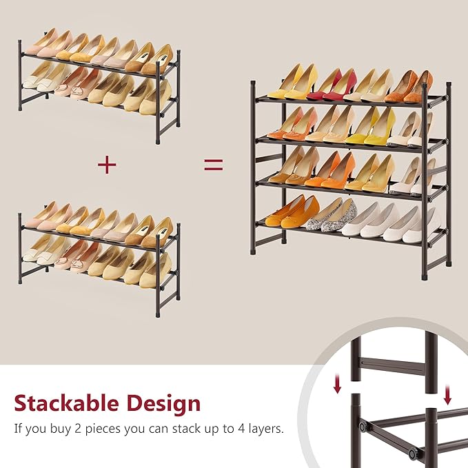 Tajsoon 2 Tier Expandable Shoe Rack for Closet, 28“-41“Adjustable & Stackable Shoe Shelf Storage, Metal Shoe Rack Organizer for Front Door Entrance, Closet, Garage, Entryway, Bronze - Image 4