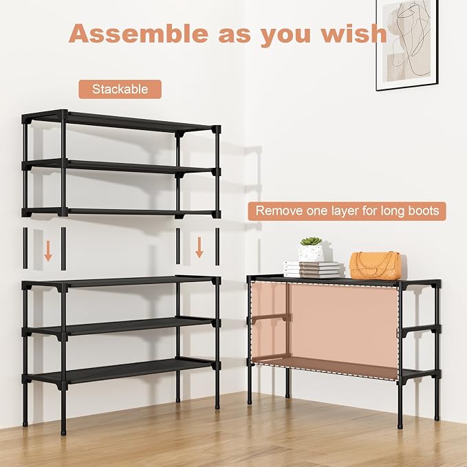 32.3" Widening Design Shoe Rack for Closet 16 Pairs Small Spaces Non-Woven 3 Tier Shoe Organizer Stackable Metal Shoe Shelf for Entryway, Bedroom - Image 5