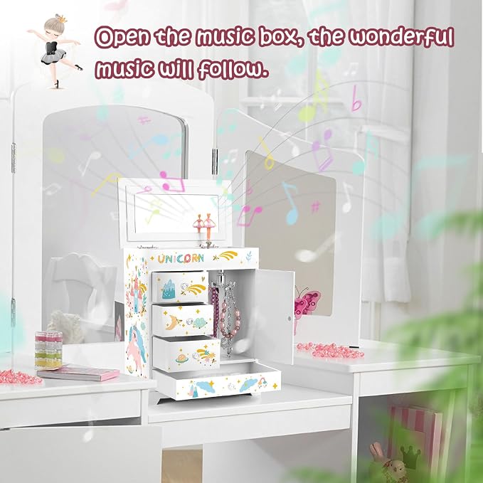 Large Jewelry Box for Girls 5-Layer Music Box with Swing Door Spinning Ballerina Unicorn Necklace & Bracelet Set Children Jewelry Organizer for Girls Kids Birthday Christmas Gift White - Image 5