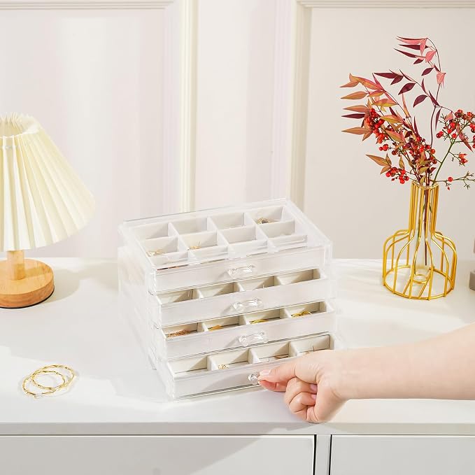 Lolalet Earring Holder Organizer Box Jewelry Storage with 4 Drawers, Clear Acrylic Stackable Earring Case with Adjustable Velvet Trays for Women on Dresser Vanity -Warmwhite, 4 Layers - Image 6
