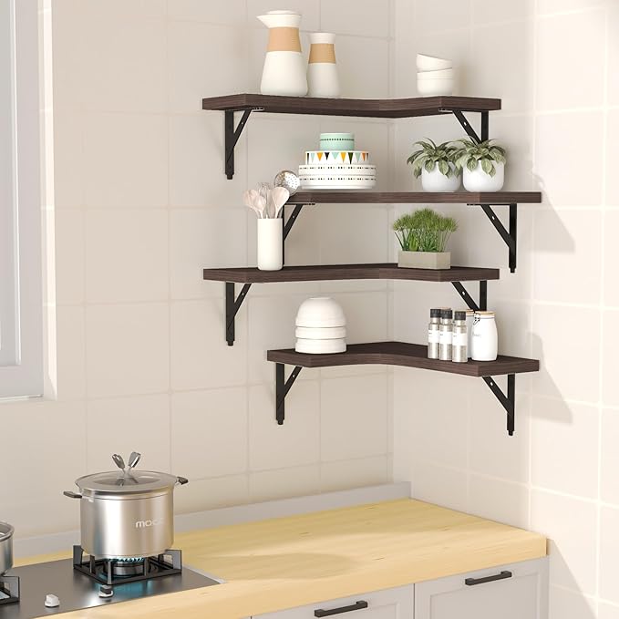 ROMGUAR CRAFT Corner Floating Shelves Wall Mounted Set of 4, Rustic Wood Storage Display Shelves for Home Decor, Bathroom, Kitchen, Bedroom, Living Room, Office (Brown) - Image 2