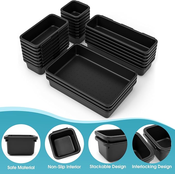 25 PCS Drawer Organizer Set, 4 Size Makeup Drawer Divider Organizer With Non-Slip Pads, Interlocking Plastic Storage Bins for Office,Jewelry Vanity,Gadgets, Bathroom,Kitchen, Black - Image 3