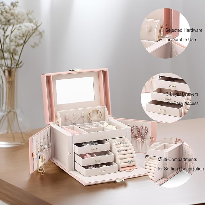 Vlando Mirrored Jewelry Box Organizer, Leather Jewelry Storage Case, Necklaces Earrings Rings Brackets Box Holder, Pink - Image 6