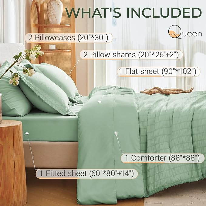 MUXHOMO 7 Pieces Queen Comforter Set, Seersucker Bed in a Bag Queen Size, All Season Luxury Bedding Set with Comforter, Flat Sheet, Fitted Sheet, Pillowcases & Shams, Sage Green
