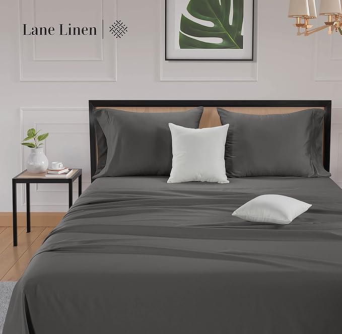 LANE LINEN 100% Cotton 600 Thread Count Split King Sheet Set for Adjustable Beds, Sateen Weave Hotel Quality, Fully Elasticized Oeak Tex Certified Sustainably Produced Machine Washable - Charcoal