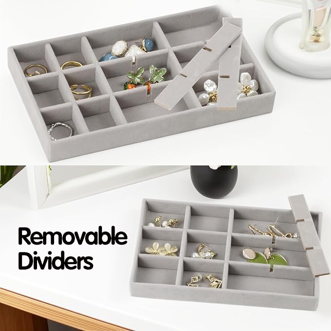 Set of 8 Stackable Jewelry Organizer Trays with 1 Lid for Drawer & Dresser Organizer, Adjustable Velvet Jewelry Box Tray Earring Organizer Necklace Storage Ring Bracelet Display Case (Gray) - Image 4