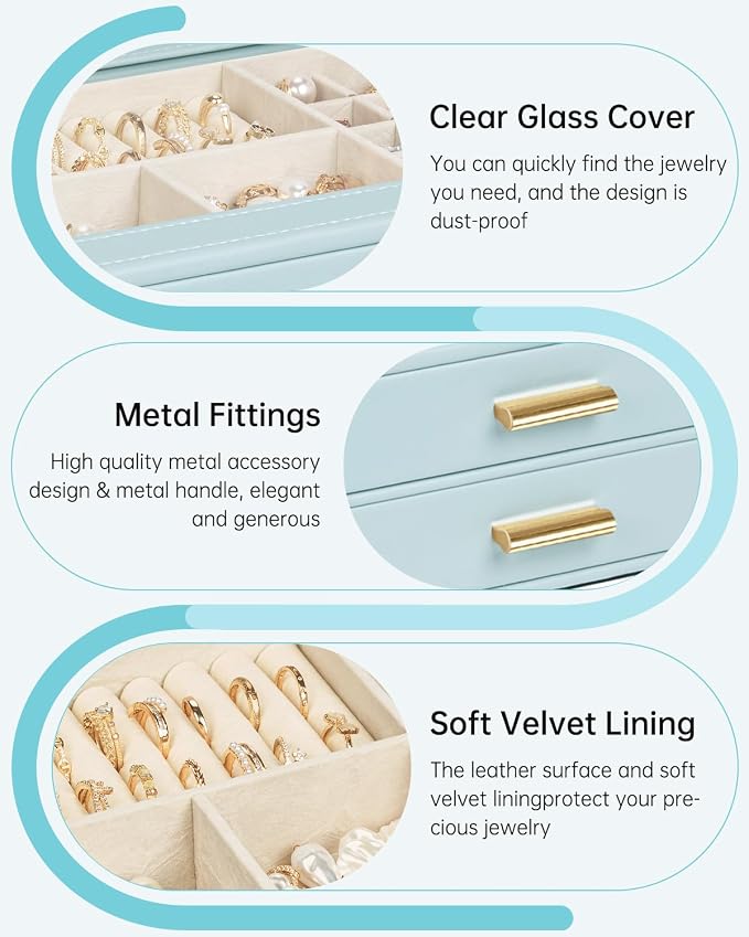 AKOZLIN Jewelry Box with Clear Lid Functional Leather Jewelry Storage Organizer Case 3 Drawers for Women Girls Necklace Ring Bracelet Earring - Image 2