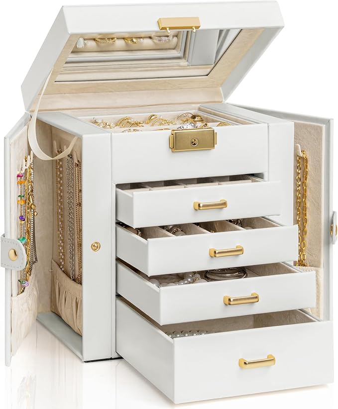 AKOZLIN 5-Tier Jewelry Box Leather Jewelry Storage Organizer with 4 Drawers Lockable for Women Girls Ring Necklace Earring Bracelet Watches Holder with Mirror White by AKOZLIN