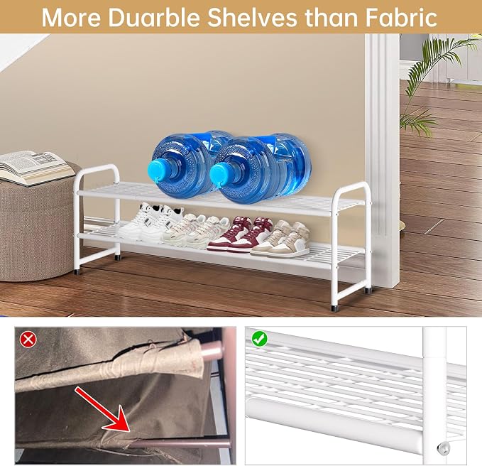 KEETDY 2-Tier Long Shoe Rack for Closet Metal Shoe Organizer for Entryway, Wide Stackable Shoe Storage Shelf with Sturdy Wire Grid for Closet Floor, Bedroom, White - Image 3