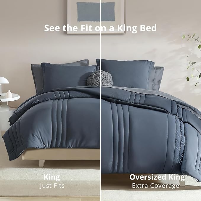 Monbix Oversized King Size Comforter Set - 7 Pieces Blue Gray Bed in a Bag Oversized King Bedding Sets with Comforter, All Seasons Comforter Bed Set with Sheets, Pillowcases & Shams