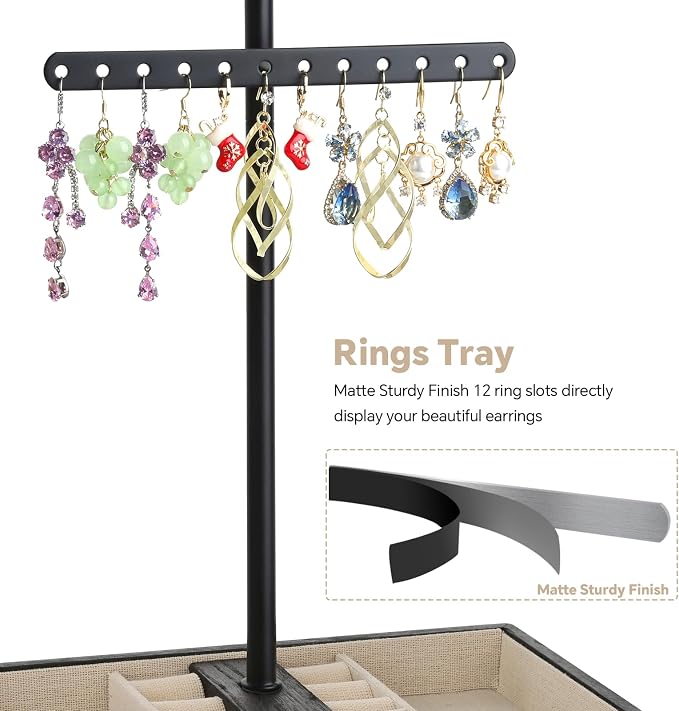 Meangood Jewelry Organizer Stand, 3-Tier Necklace Holder Jewelry Tree with Wooden Storage Drawer Box for Necklace Bracelet Earring Ring,Black - Image 4