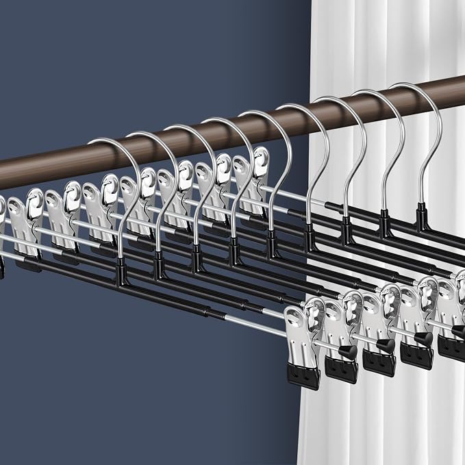 Pants Hangers with Clips 10 Pack 16Inch Adjustable Skirt Hanger for Women Non-Slip Trousers Hanger for Jeans Clothes Hangers for Pants Heavy Duty Space Saving Shorts Hangers,Black by HWAJANClothesOrganizer