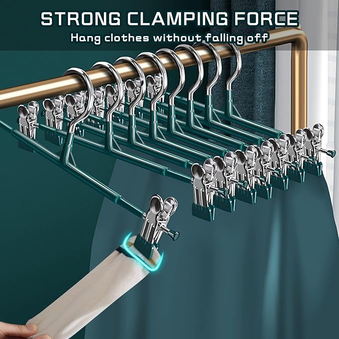 Pants Hangers with Clips 10 Pack Adjustable Skirt Hangers for Women Non-Slip Trousers Hanger for Jeans Shorts Clothes Hanger for Pants Heavy Duty Space Saving,Green,12Inch - Image 2