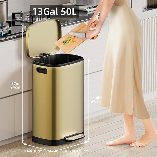 KUK 13 Gallon/50L Stainless Steel Kitchen Trash Can with Lid and Step Pedal-Large Capacity Garbage Bin with Odor Seal, Silent Close Lid, Removable Inner Bucket, Titanium Gold - Image 2