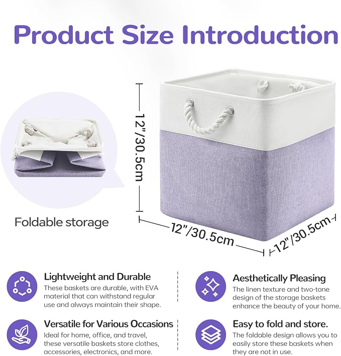 12 x 12 Inch Cube Storage Bins, 4 Pack Fabric Storage Basket with Handles, Foldable Boxes Organizer for Shelf Baskets for Home, Clothes (White/Purple) - Image 7