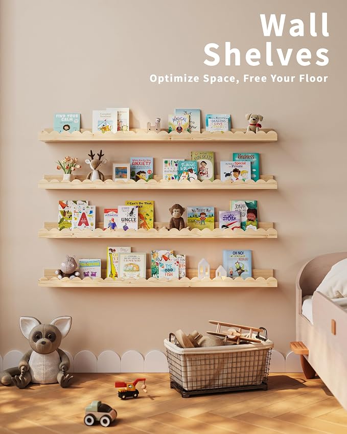 Shario Nursery Book Shelves, 4-Pack Wood Floating Shelves for Wall Kids, Scalloped Shelves, Wall Book Shelves for Bedroom Kids, Toddler Room, Baby Room, Nursery Decor(Wood, 36 Inches) - Image 6
