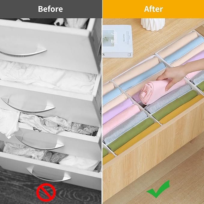 4 Packs T-shirt Drawer Organizers for Clothing,8 Grids Compartment Wardrobe Storage Box, Washable Clothes Organizer for Folded Clothes, T-shirt, Legging, Silk Scarve-White - Image 2