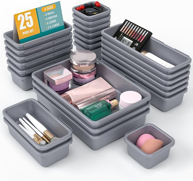 25 PCS Drawer Organizer Set, 4 Size Makeup Drawer Divider Organizer With Non-Slip Pads, Interlocking Plastic Storage Bins for Office,Jewelry Vanity,Gadgets, Bathroom,Kitchen, Grey by StoreHappily