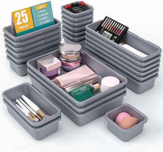 25 PCS Drawer Organizer Set, 4 Size Makeup Drawer Divider Organizer With Non-Slip Pads, Interlocking Plastic Storage Bins for Office,Jewelry Vanity,Gadgets, Bathroom,Kitchen, Grey by StoreHappily