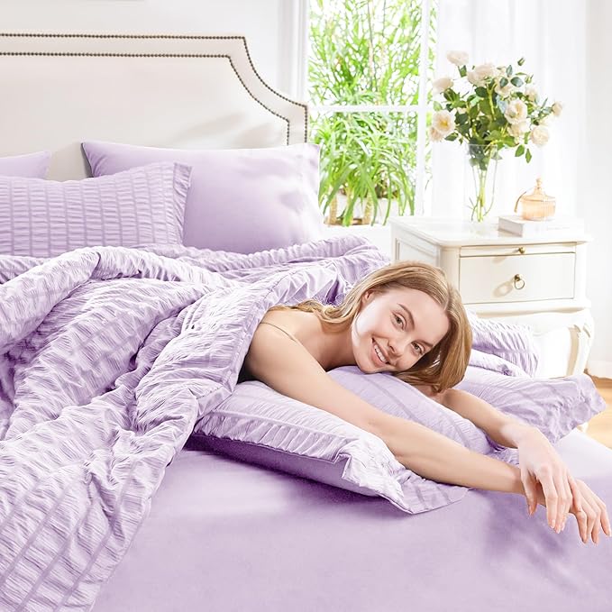 CozyLux Full Size Comforter Sets with Sheets 7 Pieces, Light Purple Seersucker Bed in a Bag Textured Luxury Soft Bedding Sets with Down Alternative Comforter, Sheets, Pillowcases & Shams, Lavender