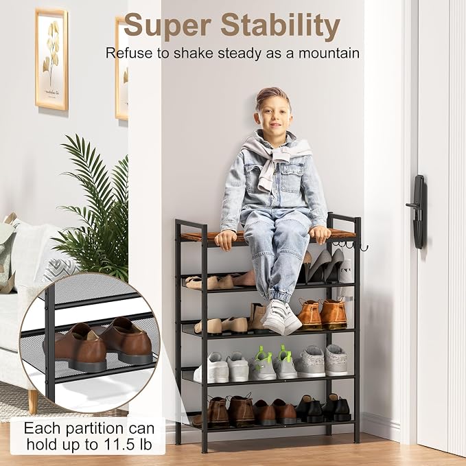 Refrze Shoe Rack for Front Door Entrance, 5 Tier Height-Adjustable Metal Shoe Rack, Sturdy Wooden Top and Tiltable Steel Frame Heavy Duty Shoe Organizer for Bathroom,Bedroom,Kitchen，Include Hook - Image 4