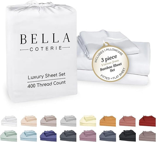 Bella Coterie Luxury Bamboo Viscose Twin Size Sheet Set | 100% Organically Grown | Ultra Soft | Cooling for Hot Sleepers | 18" Deep Pocket [White]