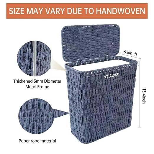 Coeusy 3 Gallon Paper Rope Bathroom Trash Can,Small Wicker Trash Cans with Lid and Liner,Woven Rattan Narrow Waste Basket for Bedroom,Office,Blue - Image 3