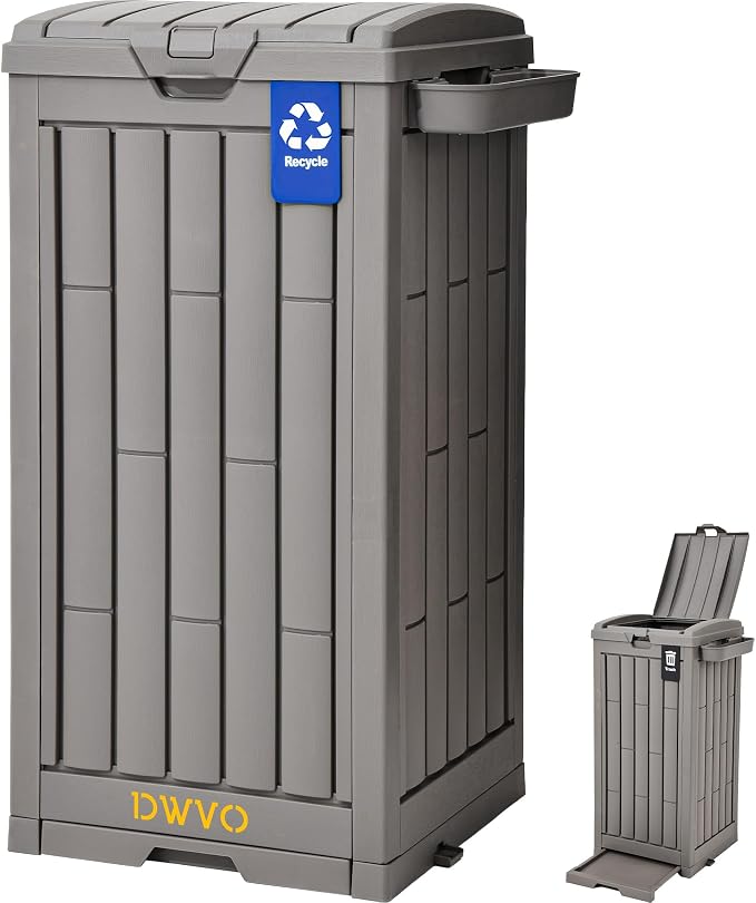 DWVO 38 Gallon Outdoor Trash Can, Resin Garbage Bin with Lid, Includes 2 Sorting Labels, Ash Holder, Stakes & Suction Cups, Hideaway Storage for Patio Backyard Garden, Light Brown by DWVO
