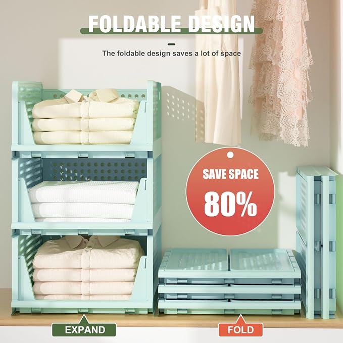 Closet Organizer, 4 Pack Stackable Storage Bins for Closet Shelves, Plastic Storage Drawers Basket Weekly Clothes Organizer for Kids(4L)（Green） - Image 5